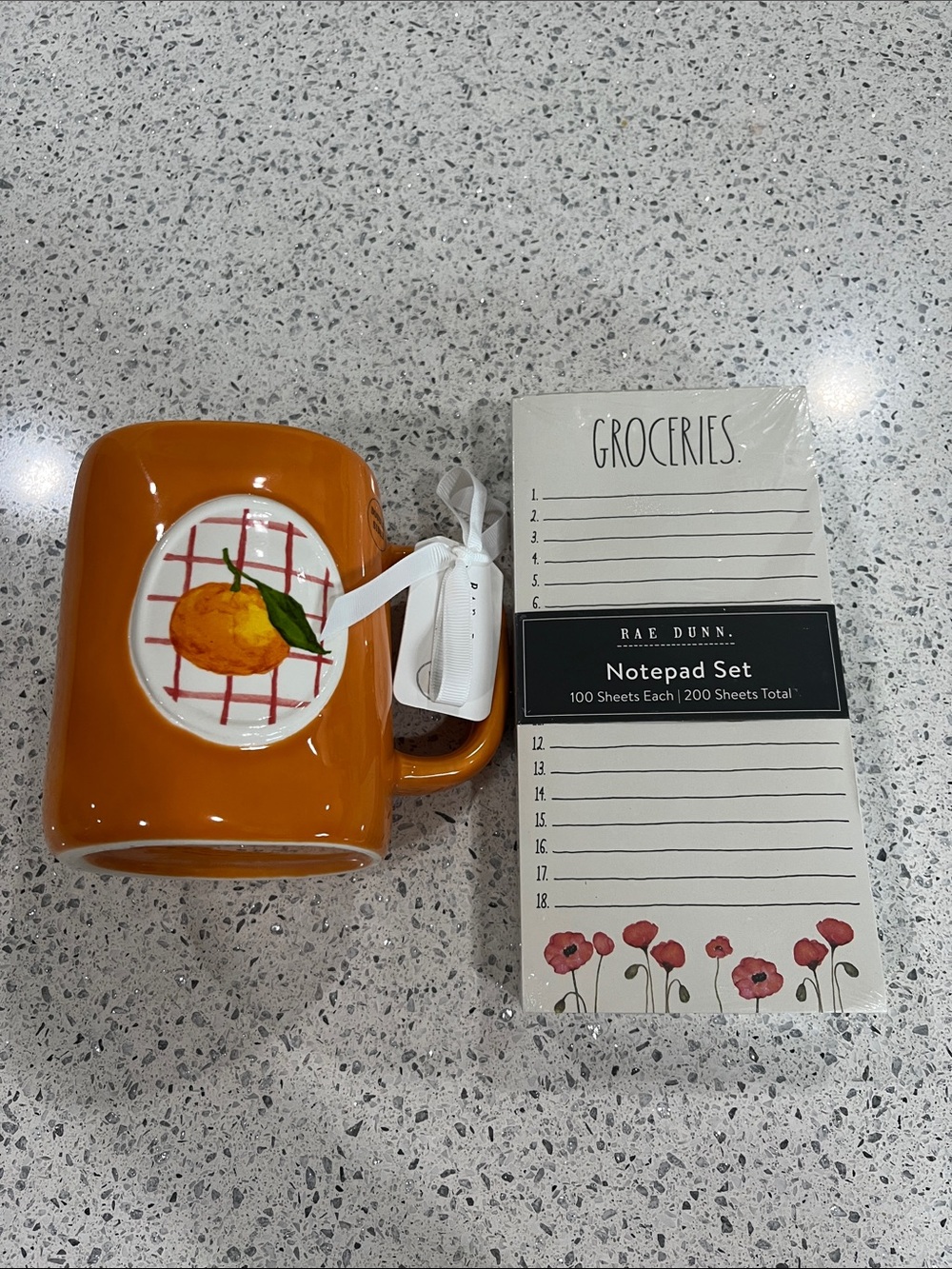 Rae Dunn Orange Ceramic Mug with Citrus Motif & Groceries Notepad Set